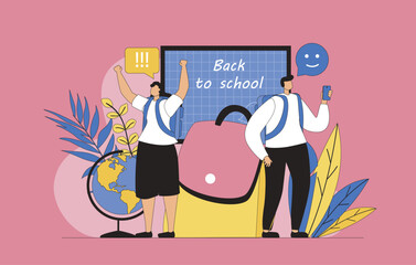 Fototapete - Back to school concept with modern flat design for web. Schoolgirl and schoolboy with backpack going to classroom with blackboard, learning at lessons and studying at seminars.Vector illustration.