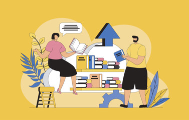 Fototapete - Cloud library concept with modern flat design for web. Woman and man reading and sharing digital books and textbooks, using cloud technologies for online education and e-learning. Vector illustration.