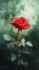 Wall Mural - Red rose with green leaves, artistic oil