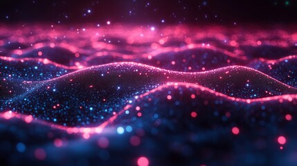 Wall Mural - digital illustration of abstract wave pattern made of particles with gradient from blue to pink and 