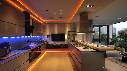 Poster - Design a modern kitchen with a built-in TV and LED strips installed along the edges of the countertops, adding