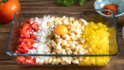 Cooking food background. A vibrant mix of diced vegetables, red tomatoes, white onions, and yellow bell peppers, arranged in a glass dish with an egg yolk on top. Fresh ingredients for a healthy meal