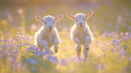 Two joyful baby goats leaping through a vibrant, sunlit field filled with wildflowers.