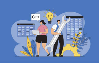 Developers team concept with modern flat design for web. Man and woman developing application site interface, programming and coding at screens, engineering and brainstorming. Vector illustration.