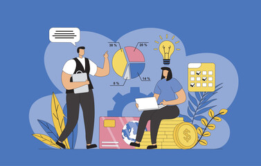 Poster - Financial management concept with modern flat design for web. Man and woman counting data and analyzing budget, inspecting statistics and banking reports, planning their finance. Vector illustration.