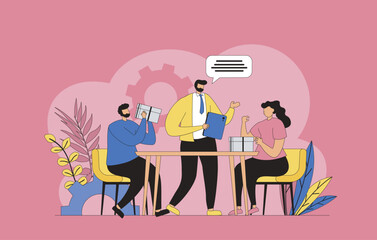 Poster - Focus group concept with modern flat design for web. Colleagues doing market research and studying buyers, discussing at meeting, doing consumer interview with product feedback. Vector illustration.