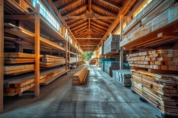 Wall Mural - A large warehouse filled with numerous wooden planks