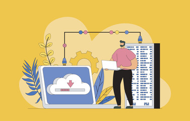Poster - Hosting provider concept with modern flat design for web. Man working in technical support of Internet provider, maintains datacenter work, monitors traffic and security system. Vector illustration.
