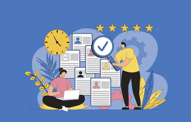 Fototapete - HR process concept with modern flat design for web. Woman and man choosing resume of best candidate for interview for open vacancy in office, finiding online staff applications. Vector illustration.