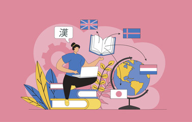 Poster - Language courses concept with modern flat design for web. Woman studies online and learning foreign languages, speaking with native speakers at international network classes. Vector illustration.