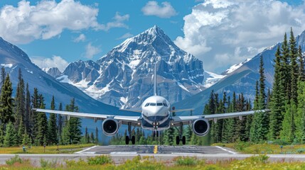 Poster - Mountain retreat Depict an airplanes shadow skimming over snow-capped peaks and alpine forests, adding a touch of drama to the