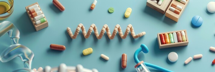 Sticker - DNA Capsule on a Blue Table Surrounded by Various Medications and Wooden Blocks Engraved with DNA DOCTOR