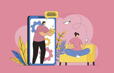 Leinwandbilder - Mobile email service concept with modern flat design for web. Woman writing new digital letter and sending in smartphone app, man receiving new mail and mailbox notifications. Vector illustration.