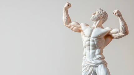 a powerful white marble statue of a muscular man flexing, symbolizing strength and confidence agains