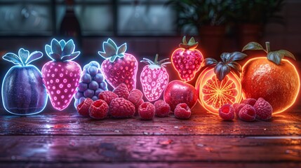 Wall Mural - Produce a neon set of nutrition symbols, featuring shimmering fruits