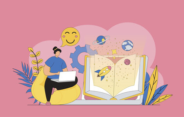 Poster - Online reading concept with modern flat design for web. Woman reading e-books on laptop, learning with digital textbook, enjoying literature and getting internet information. Vector illustration.