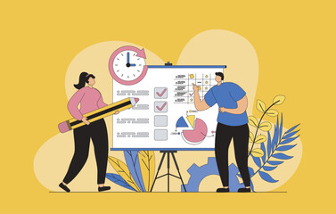 Poster - Planning concept with modern flat design for web. Woman and man organizing workflow and creating list of tasks, marking dates on calendar, using time management tools for work. Vector illustration.
