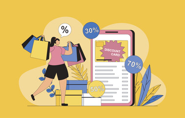 Wall Mural - Shop loyalty program concept with modern flat design for web. Woman receiving discount card with cumulative bonuses for regular customer from store and making bargain purchases. Vector illustration.