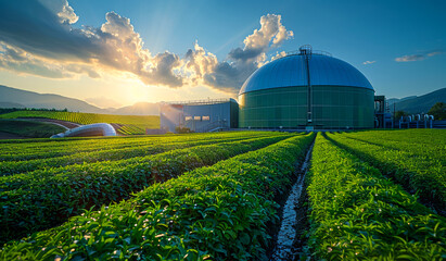 Wall Mural - A large green dome sits in a field of green plants. The sun is setting, casting a warm glow over the scene. The dome is surrounded by rows of plants, creating a peaceful and serene atmosphere