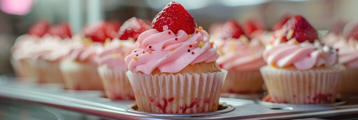 Canvas Print - Strawberry cream cupcake topped with pink icing on a serving tray