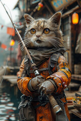 Wall Mural - A cat is holding a fishing rod and wearing an orange jacket. The cat is in a scene with a lot of other cats and objects