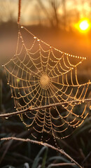 Wall Mural - A spider web is shown in the foreground of a photo of a spider web. The web is covered in dew and the sun is setting in the background. The photo has a serene and peaceful mood