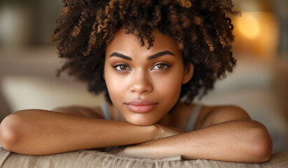 Wall Mural - A woman with curly hair is sitting on a couch and looking at the camera. She has a natural, relaxed expression on her face