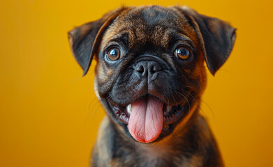 Wall Mural - A small brown and black dog with a tongue sticking out. The dog is smiling and looking at the camera