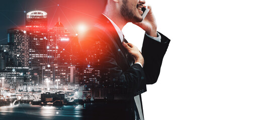 Wall Mural - Double Exposure Image of Business Communication Network Technology Concept - Business people using smartphone or mobile phone device on modern cityscape background. uds