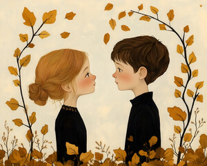 Charming Vintage Painting of Two Children Meeting - Season: Fall - 4800 x 3840 18.4MP - created by AI