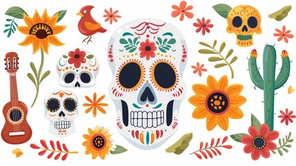 Wall Mural - A colorful and vibrant image of skulls, flowers, and a guitar