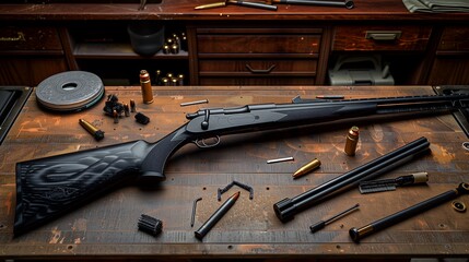 A black shotgun with a wooden stock and metal barrel lies on a workbench with ammunition, tools, and cleaning supplies.