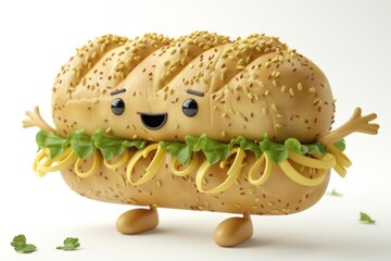 Sticker - A cartoon sandwich with lettuce, cheese, and sesame seeds. AI.