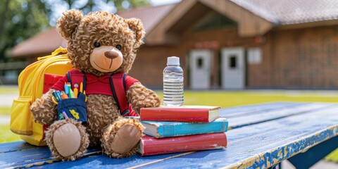 Wall Mural - A toy bear wearing a backpack sits on a table next to a stack of books and a water bottle. AI.