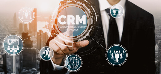 Wall Mural - CRM Customer Relationship Management for business sales marketing system concept presented in futuristic graphic interface of service application to support CRM database analysis. uds