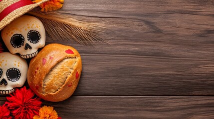 A wooden table with a bread loaf and two skulls on it