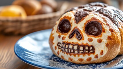 A decorated pastry with a skull on it sits on a blue plate