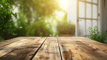 Wall Mural - Empty wooden table top with tropical trees and flowers on a blurred background. Place for product placement. Generated AI