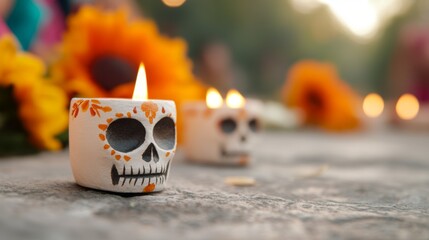 Wall Mural - A candle with a skull on it is lit in front of a bunch of sunflowers