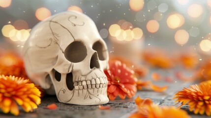 A white skull is placed on a table with orange flowers