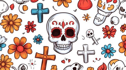 Wall Mural - A colorful drawing of skulls, crosses, and flowers