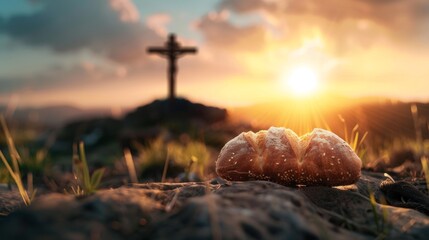 Wall Mural - A cross is in the background of a photo of a loaf of bread