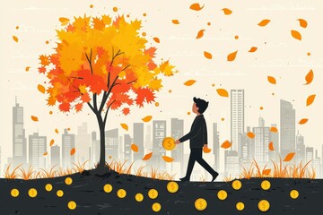 Man Walking Through Falling Leaves and Money in the City