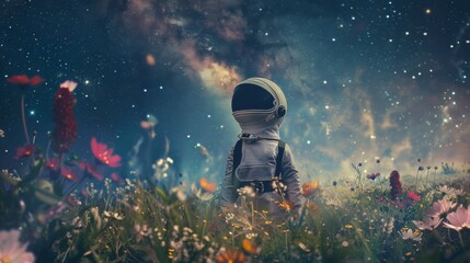 boy with astronaut suit in a flower field looking at the starry night