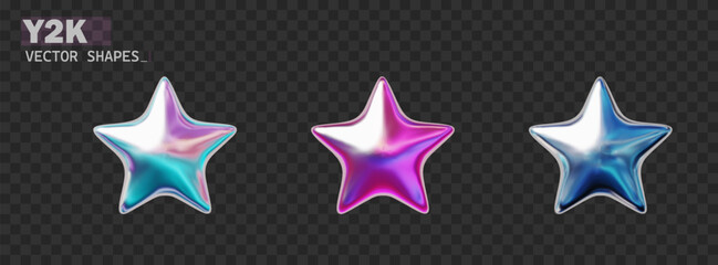 Wall Mural - Y2K holographic star with reflective gloss. 3D chrome metallic retro futuristic design element. Isolated realistic vector design elements for a 2000s