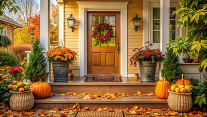 Warm and inviting porch with a woven door mat and potted plants, adorned with a beautiful welcome sign and a few scattered autumn leaves.