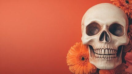 Wall Mural - A skull is surrounded by orange flowers