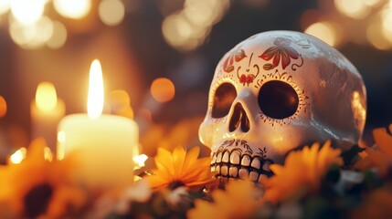 Wall Mural - A skull is sitting on a bed of flowers next to a candle