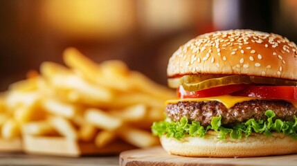 Wall Mural - A hamburger with lettuce and tomato on bun sits on a wooden table next to a pile of french fries