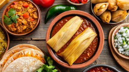 A table full of Mexican food including beans, tortillas, and salsa